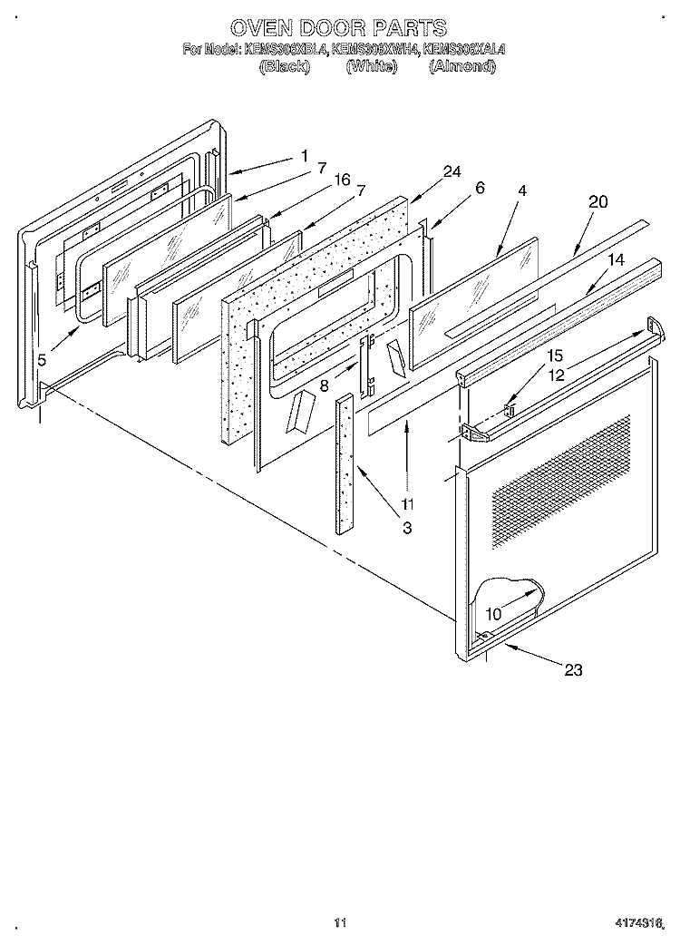 OVEN DOOR Diagram and Parts List for KEMS306XBL4  KitchenAid Wall Oven
