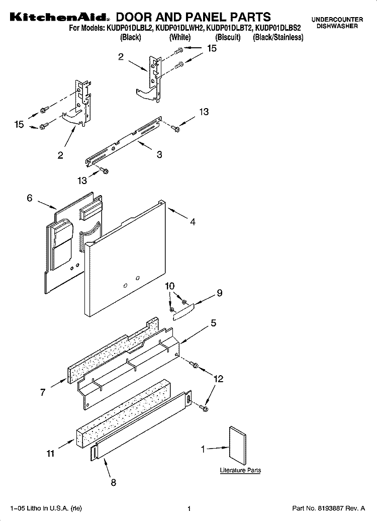 DOOR AND PANEL PARTS Diagram and Parts List for KUDP01DLBL2  KitchenAid Dishwasher