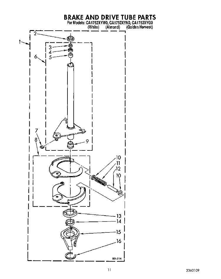 BRAKE AND DRIVE TUBE Diagram and Parts List for CA1752XYN0  Whirlpool Washer