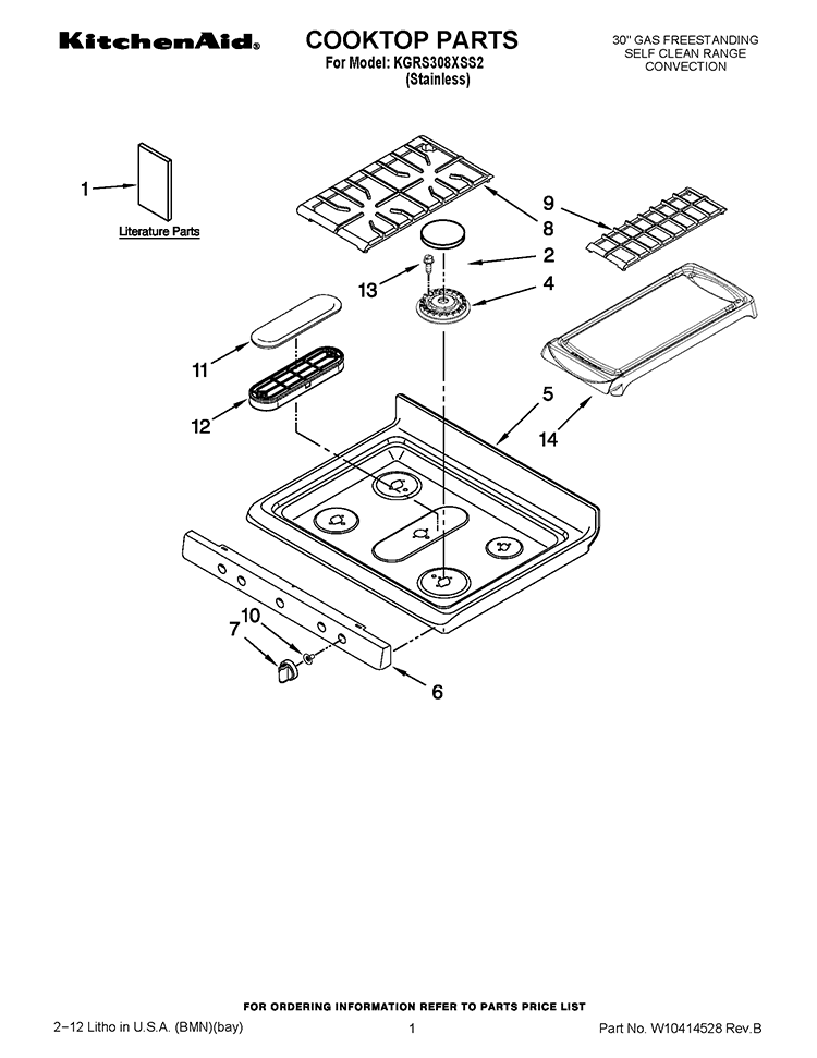 COOKTOP PARTS Diagram and Parts List for KGRS308XSS2  KitchenAid Range