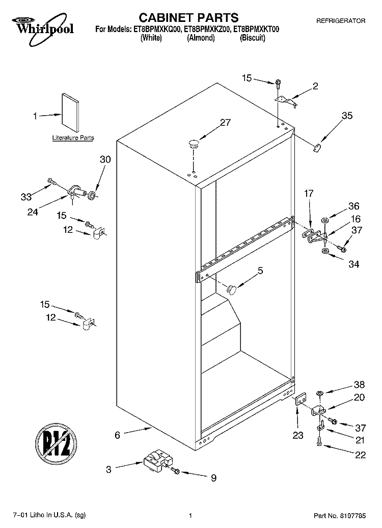 CABINET, LITERATURE Diagram and Parts List for ET8BPMXKT00  Whirlpool Refrigerator