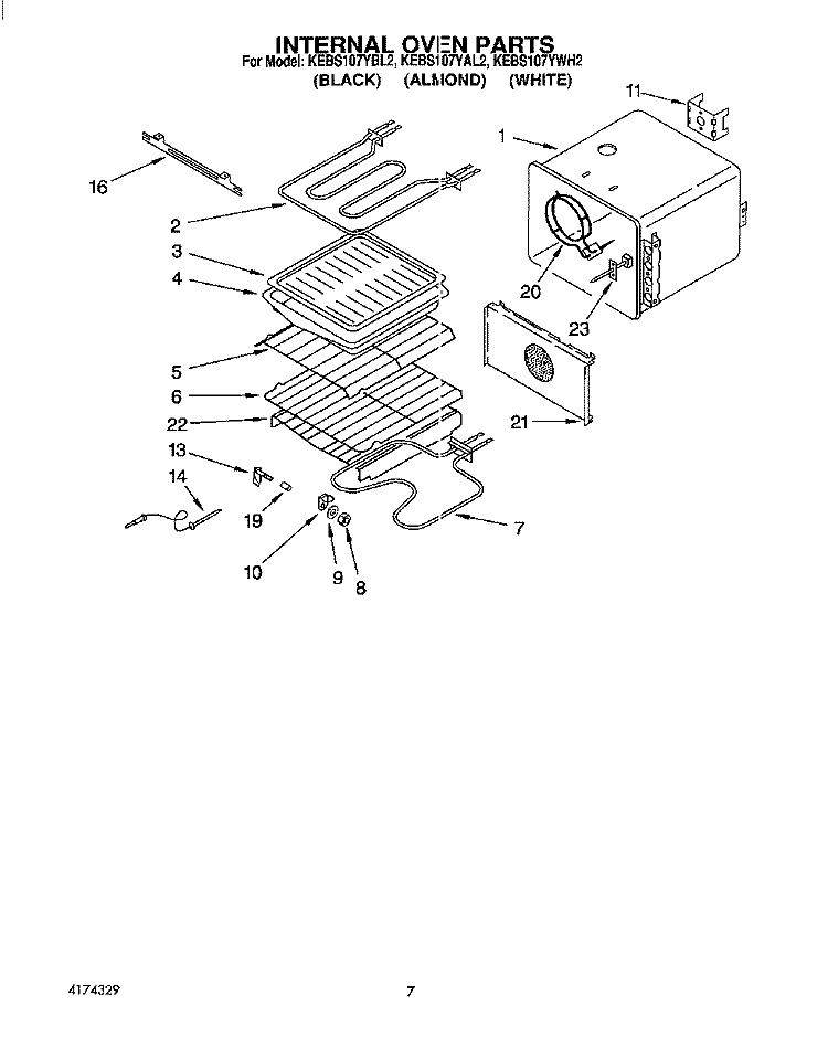 INTERNAL OVEN Diagram and Parts List for KEBS107YWH2  KitchenAid Wall Oven