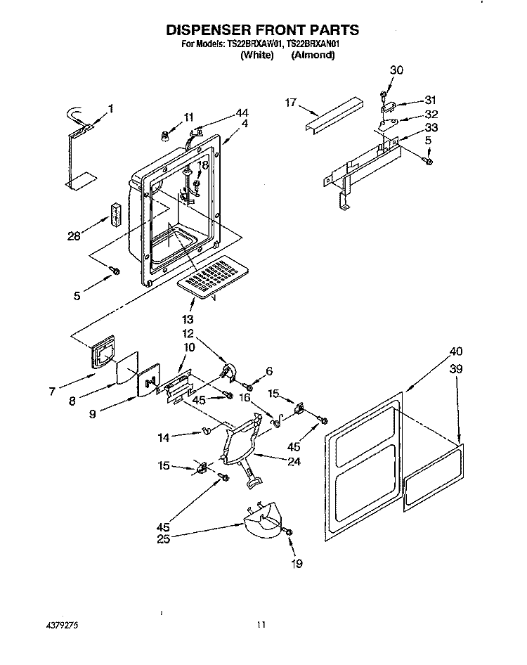 DISPENSER FRONT Diagram and Parts List for TS22BRXAW01  Whirlpool Refrigerator