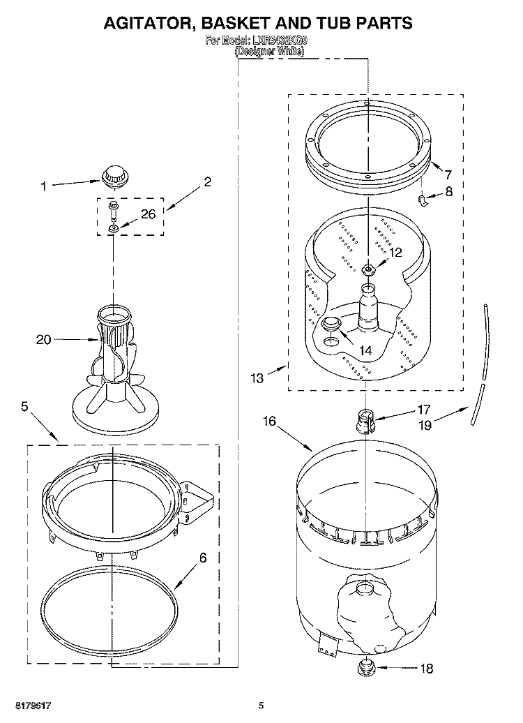 AGITATOR, BASKET AND TUB Diagram and Parts List for LXR5432KQ0  Whirlpool Washer