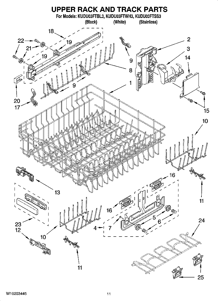 UPPER RACK AND TRACK PARTS Diagram and Parts List for KUDU03FTBL3  KitchenAid Dishwasher