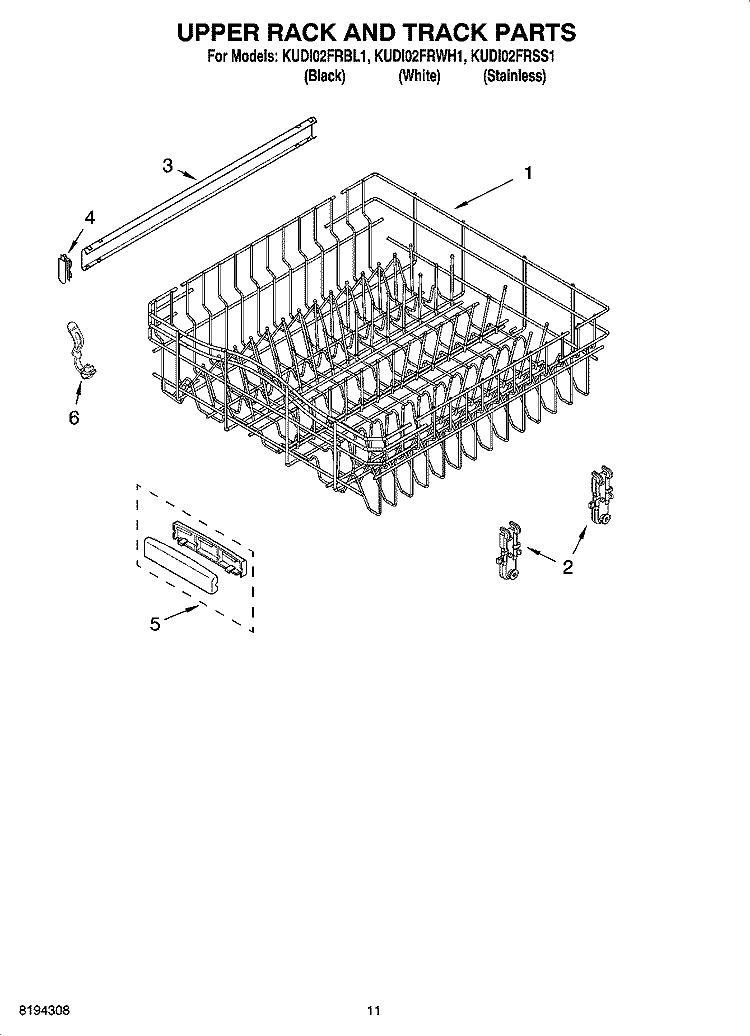 UPPER RACK AND TRACK PARTS Diagram and Parts List for KUDI02FRSS1  KitchenAid Dishwasher