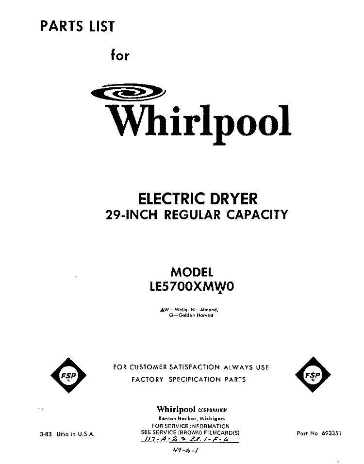 SECTION Diagram and Parts List for LE5700XMW0  Whirlpool Dryer