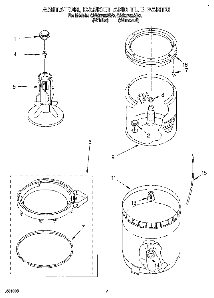 AGITATOR, BASKET AND TUB Diagram and Parts List for CAW2762AW0  Whirlpool Washer