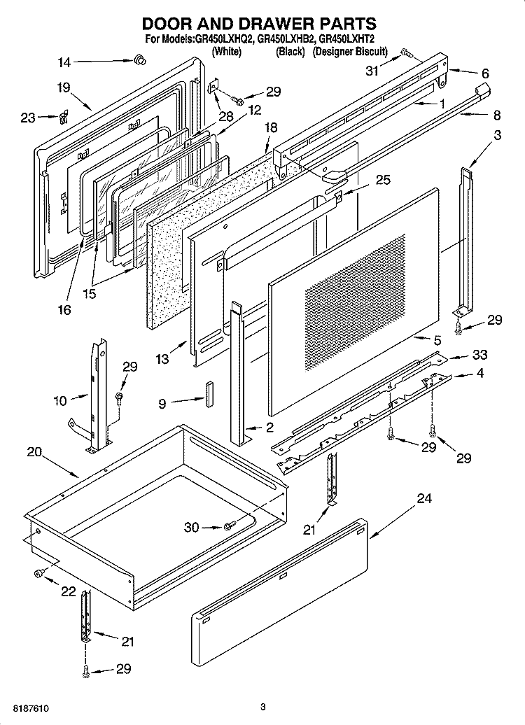 DOOR AND DRAWER PARTS Diagram and Parts List for GR450LXHT2  Whirlpool Range