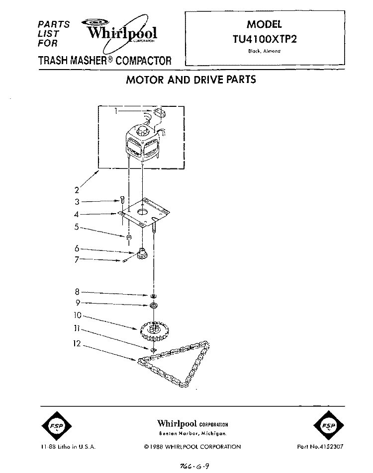 MOTOR AND DRIVE , LIT/OPTIONAL Diagram and Parts List for TU4100XTP2  Whirlpool Trash Compactor