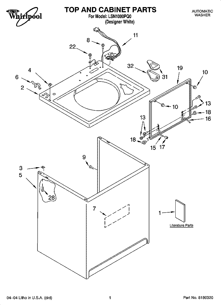 TOP AND CABINET PARTS Diagram and Parts List for LSN1000PQ0  Whirlpool Washer