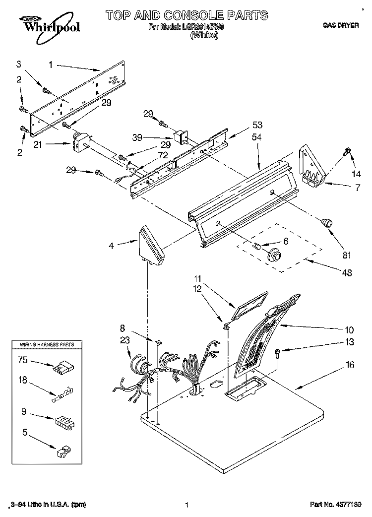 TOP AND CONSOLE, LIT/OPTIONAL Diagram and Parts List for LGR2614BW0  Whirlpool Dryer