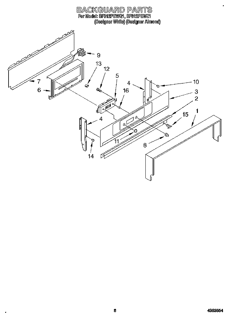 BACKGUARD Diagram and Parts List for SF312PEWQ1  Whirlpool Range