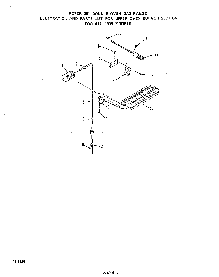 UPPER OVEN BURNER Diagram and Parts List for 1835W1A  Roper Range