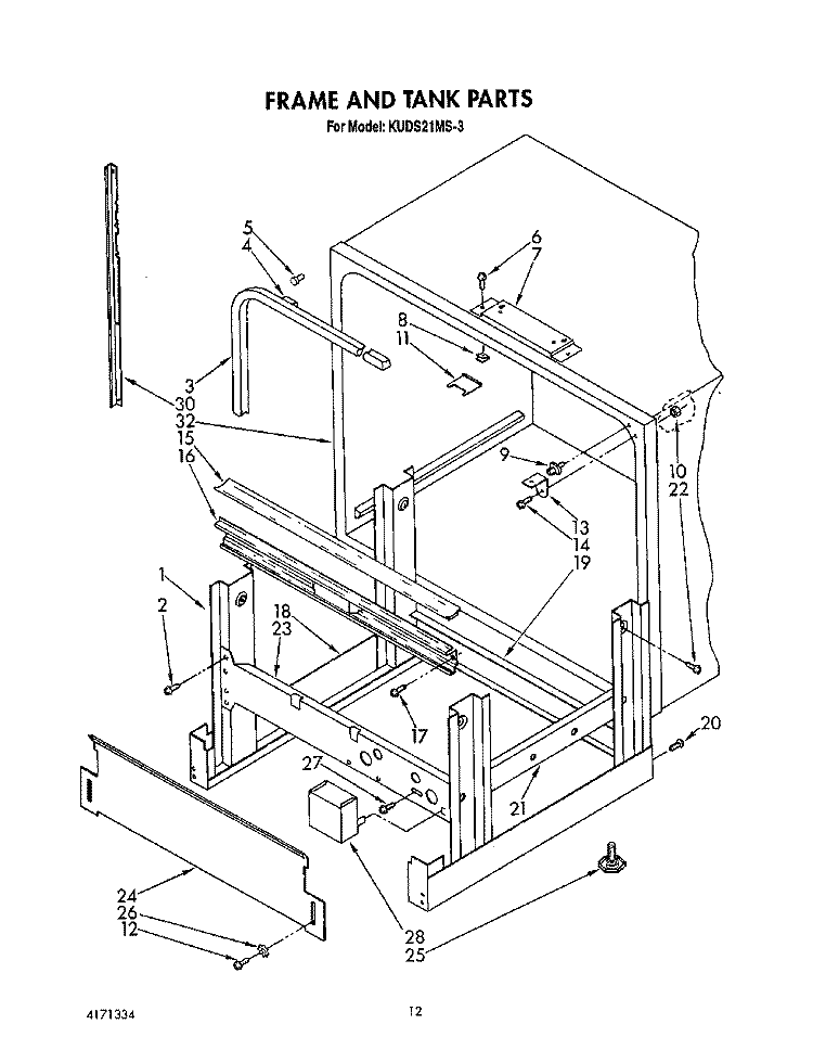 FRAME AND TANK Diagram and Parts List for KUDS21MS3  KitchenAid Dishwasher