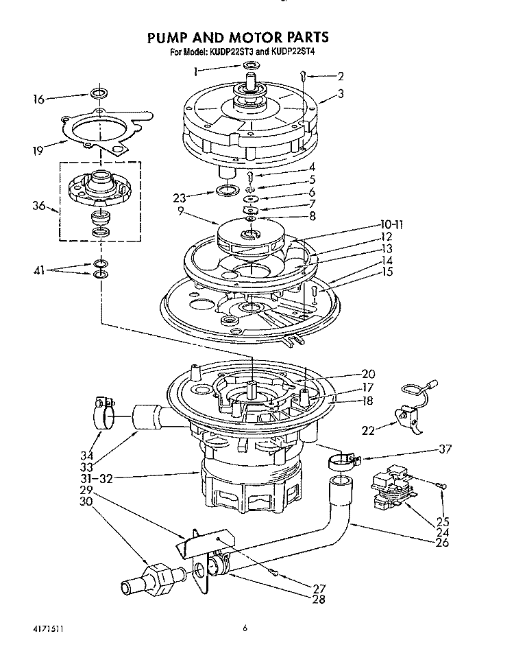 PUMP AND MOTOR Diagram and Parts List for KUDP22ST4  KitchenAid Dishwasher