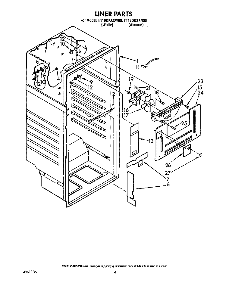 LINER Diagram and Parts List for TT16DKXXN00  Whirlpool Refrigerator