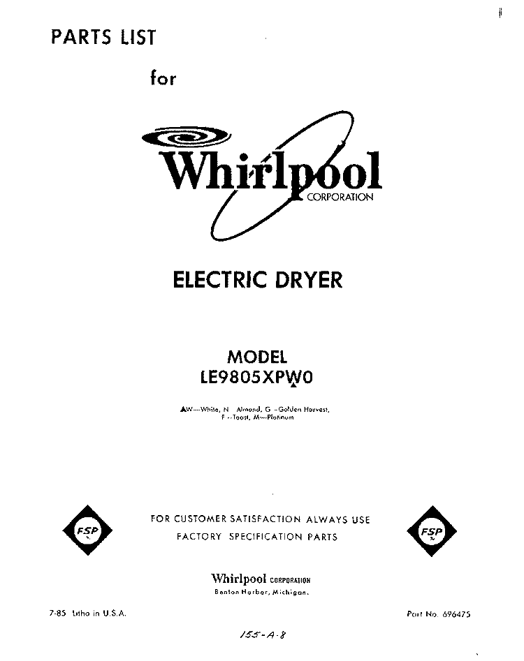 SECTION Diagram and Parts List for LE9805XPW0  Whirlpool Dryer
