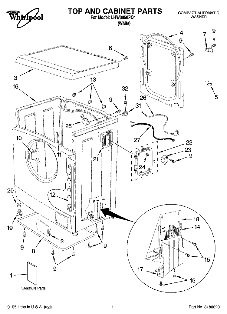 TOP AND CABINET PARTS Diagram and Parts List for LHW0050PQ1  Whirlpool Washer