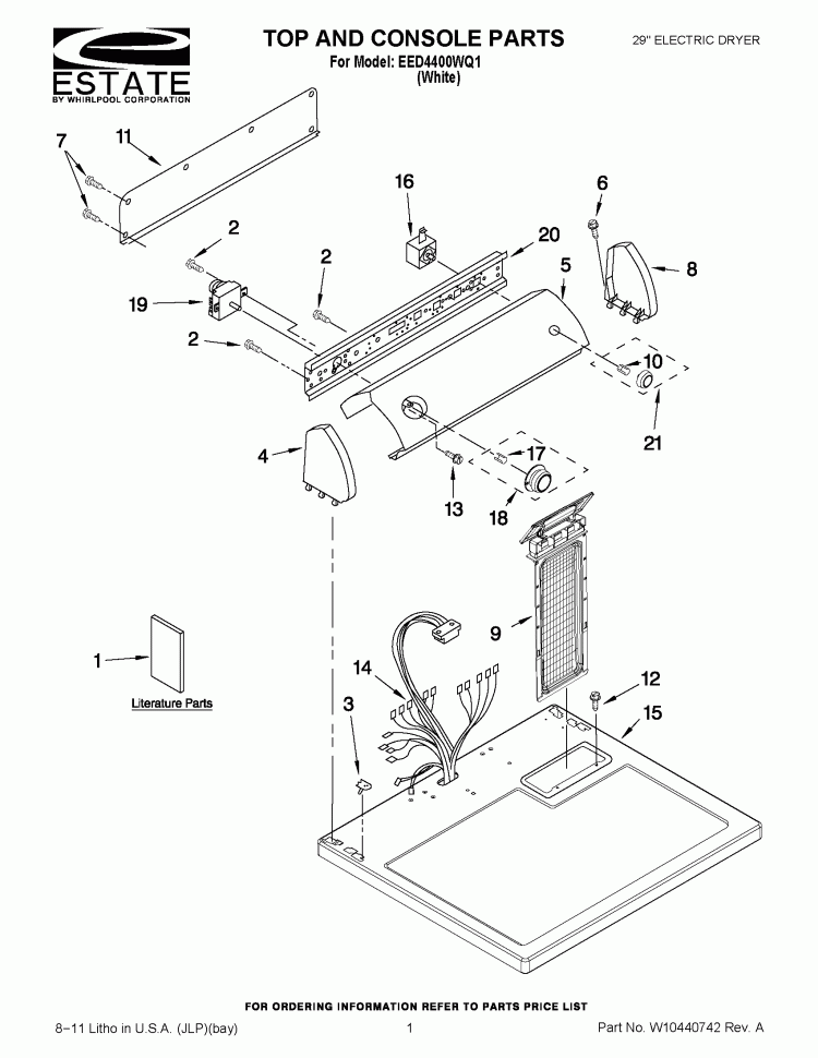 TOP AND CONSOLE PARTS Diagram and Parts List for EED4400WQ1  Estate Dryer