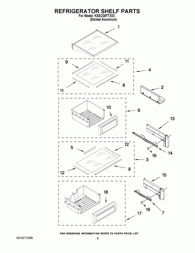 REFRIGERATOR SHELF PARTS Diagram and Parts List for KSSO36FTX03  KitchenAid Refrigerator