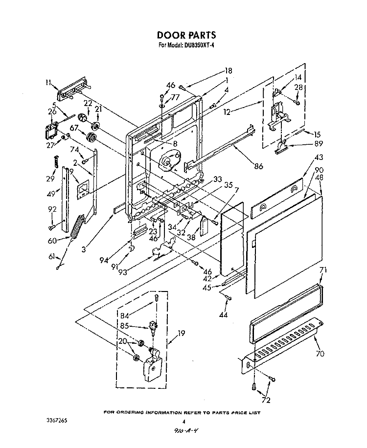 DOOR Diagram and Parts List for DU8350XT4  Whirlpool Dishwasher