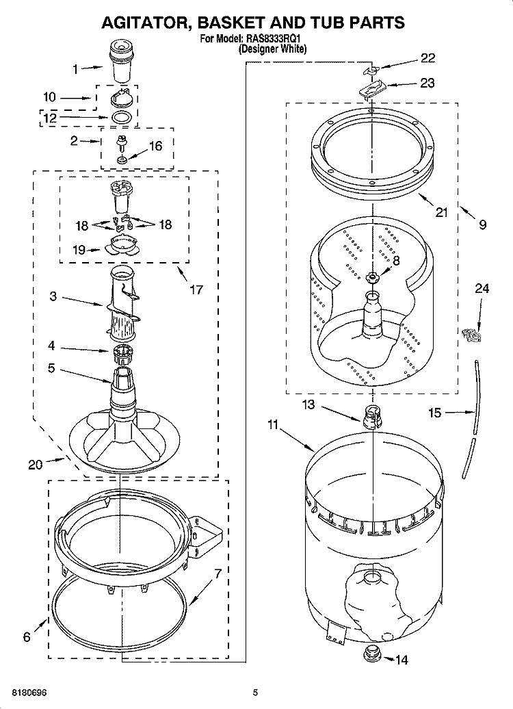 AGITATOR, BASKET AND TUB PARTS Diagram and Parts List for RAS8333RQ1  Roper Washer