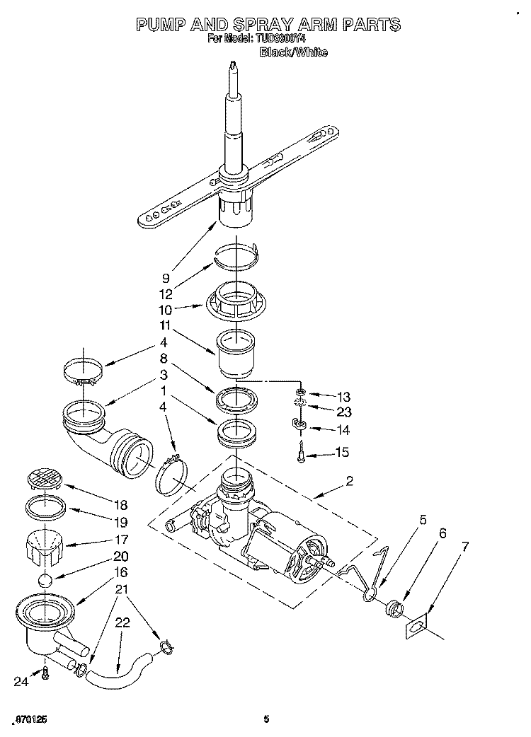 PUMP AND SPRAY ARM Diagram and Parts List for TUD3000Y4  Whirlpool Dishwasher