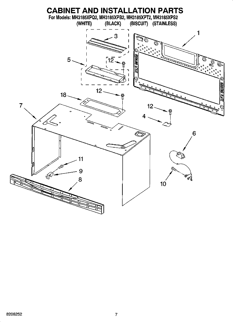 CABINET AND INSTALLATION PARTS Diagram and Parts List for MH3185XPT2  Whirlpool Microwave