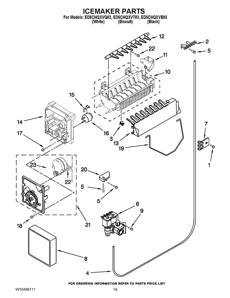 ICEMAKER PARTS Diagram and Parts List for ED5CHQXVB03  Whirlpool Refrigerator