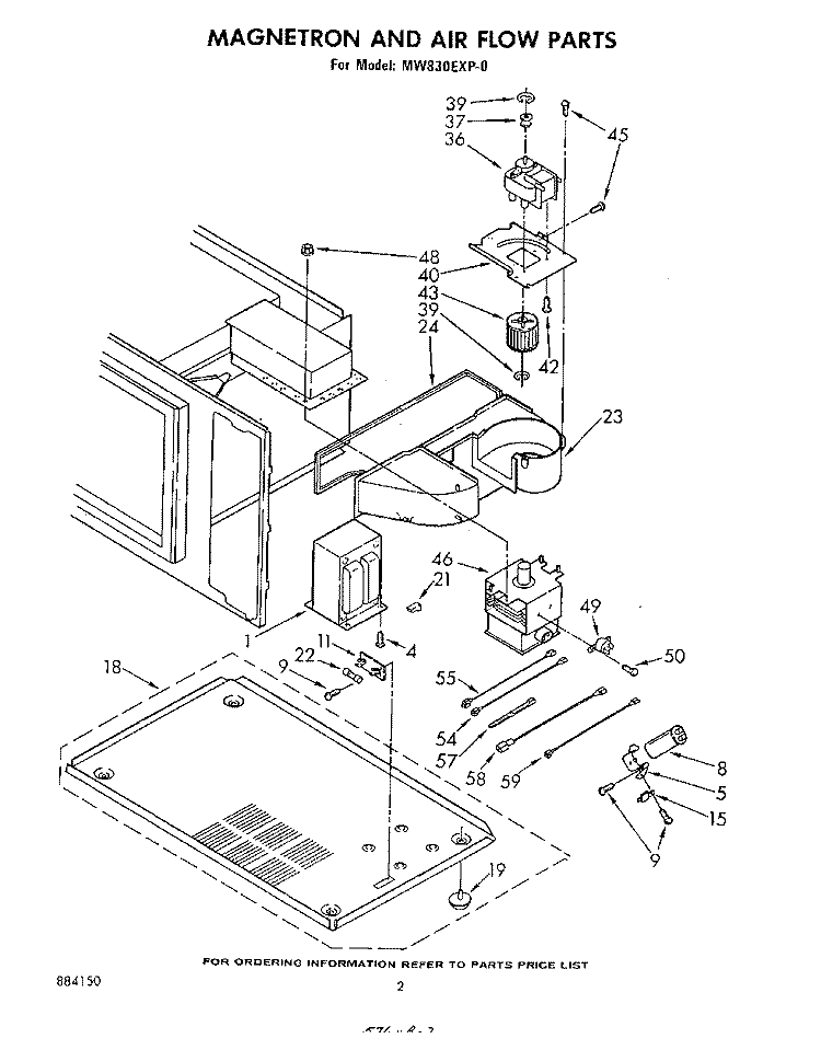 MAGNETRON AND AIRFLOW Diagram and Parts List for MW830EXP0  Whirlpool Microwave