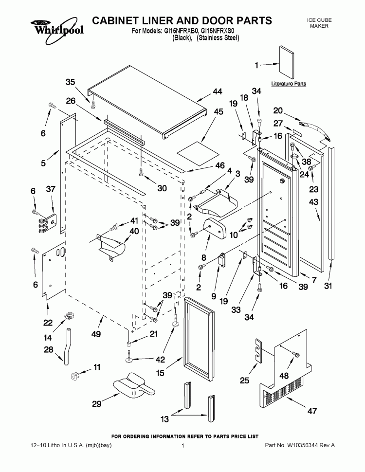 CABINET LINER AND DOOR PARTS Diagram and Parts List for GI15NFRXS0  Whirlpool Ice Maker