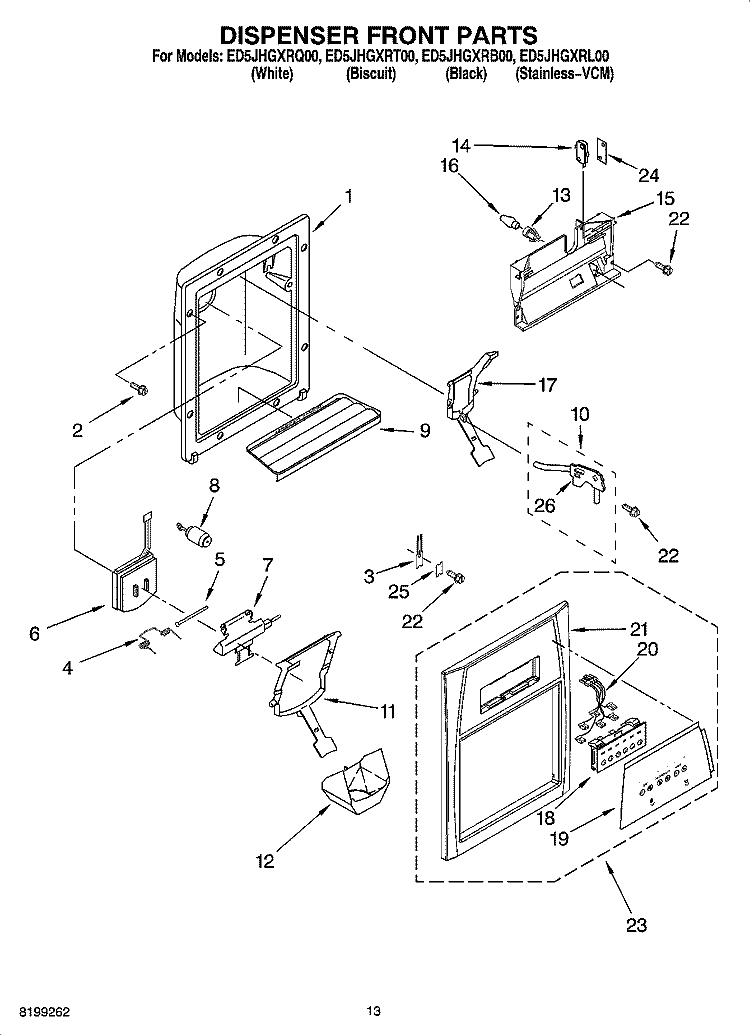 DISPENSER FRONT PARTS Diagram and Parts List for ED5JHGXRB00  Whirlpool Refrigerator