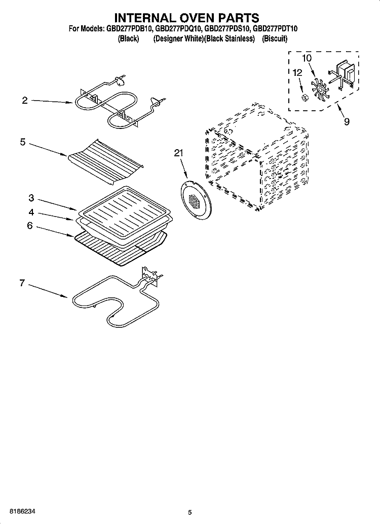 INTERNAL OVEN PARTS Diagram and Parts List for GBD277PDT10  Whirlpool Wall Oven