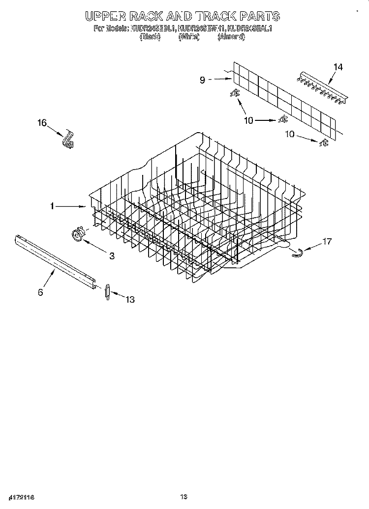 UPPER RACK AND TRACK Diagram and Parts List for KUDR24SEBL1  KitchenAid Dishwasher