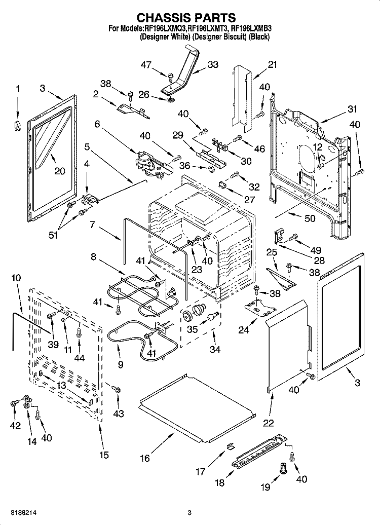 CHASSIS PARTS Diagram and Parts List for RF196LXMB3  Whirlpool Range