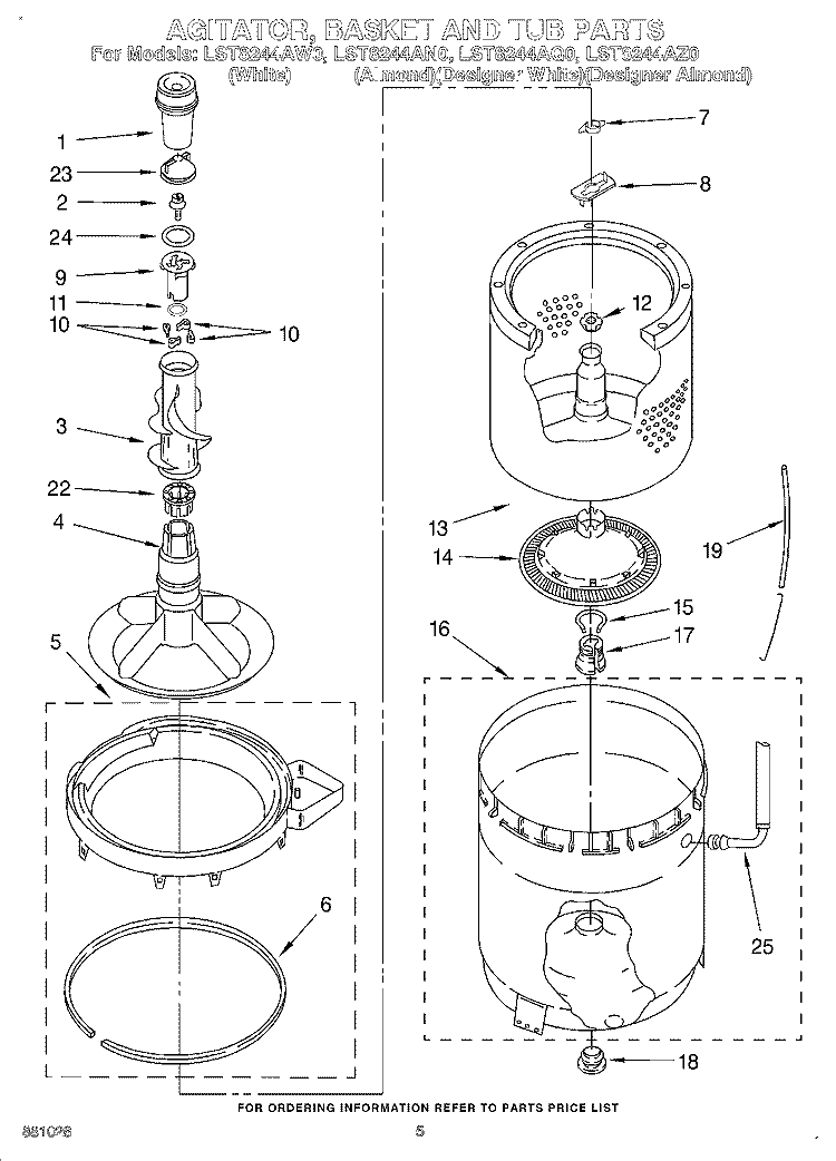 AGITATOR, BASKET AND TUB Diagram and Parts List for LST8244AN0  Whirlpool Washer