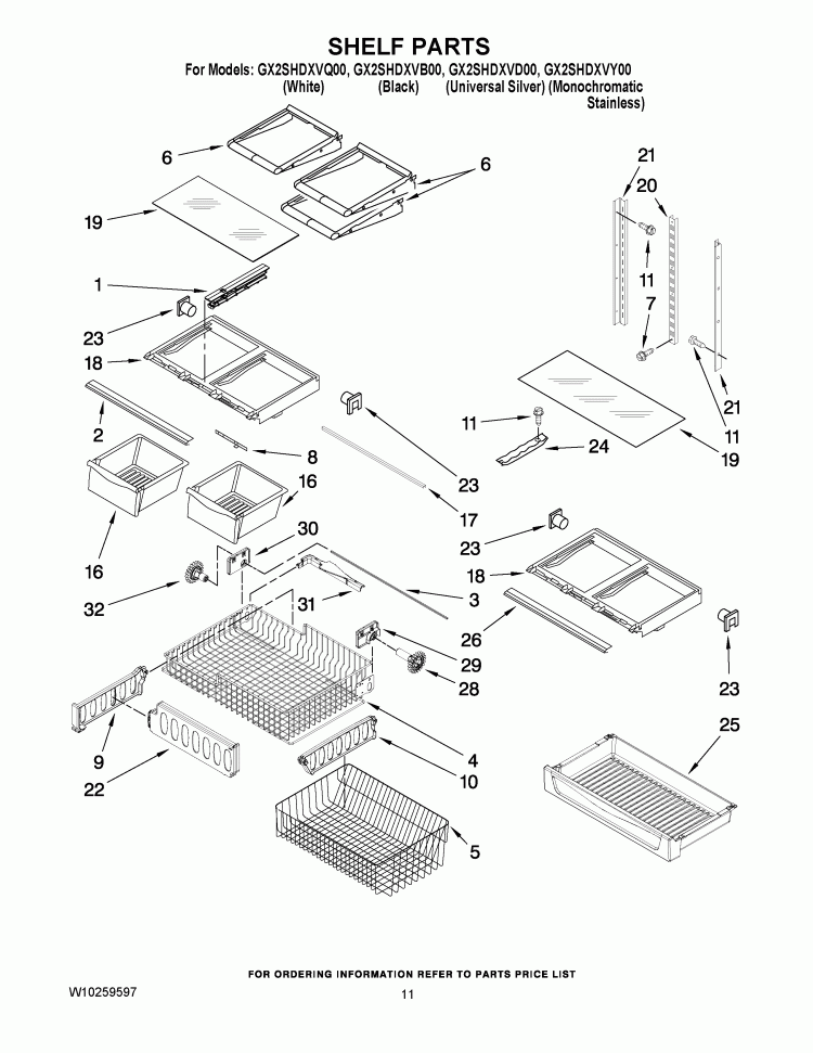 SHELF PARTS Diagram and Parts List for GX2SHDXVB00  Whirlpool Refrigerator