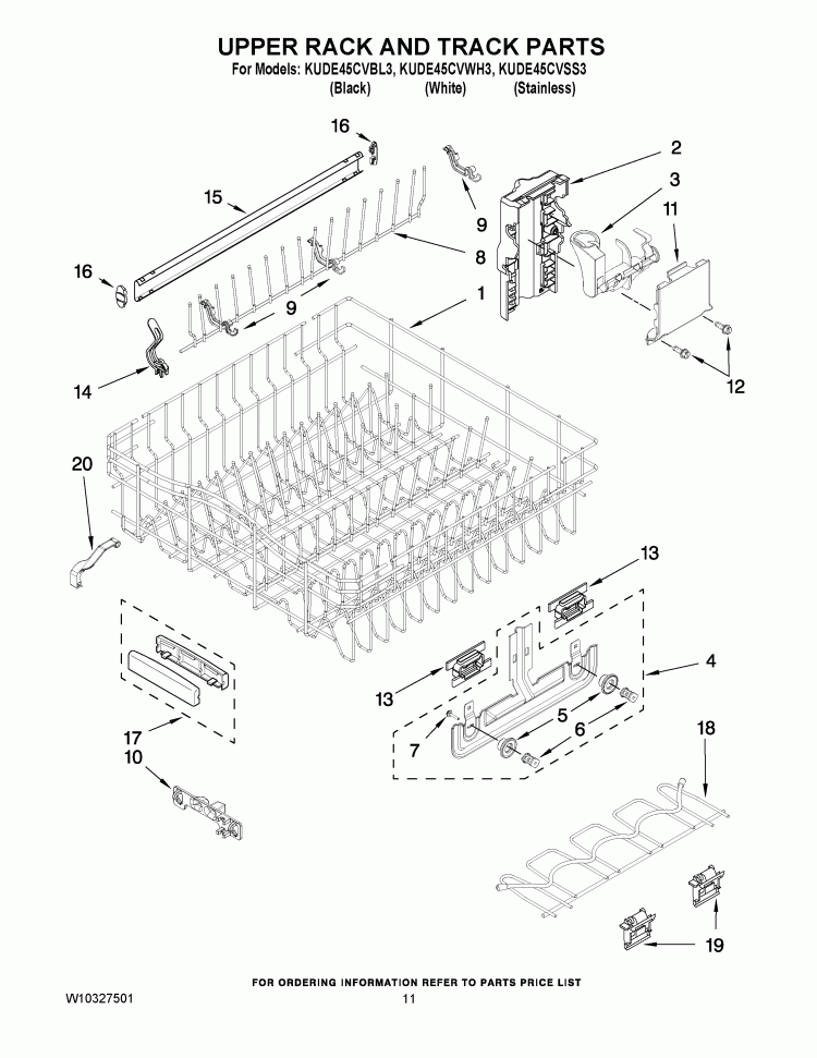 UPPER RACK AND TRACK PARTS Diagram and Parts List for KUDE45CVBL3  KitchenAid Dishwasher