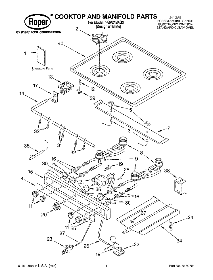 COOKTOP AND MANIFOLD, LITERATURE Diagram and Parts List for FGP245KQ0  Roper Range