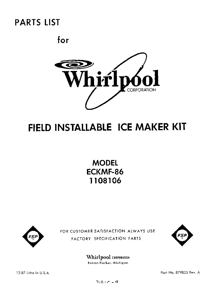 SECTION Diagram and Parts List for ECKMF86  Whirlpool Ice Maker