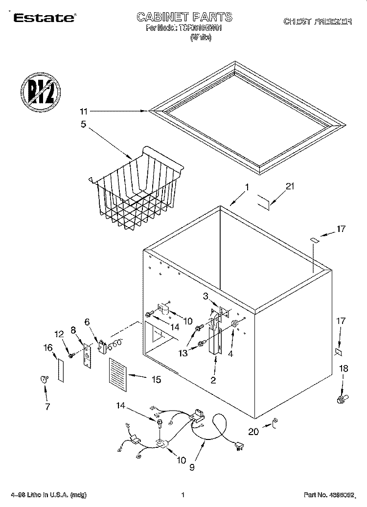 SECTION Diagram and Parts List for TCF0510GW01  Whirlpool Freezer