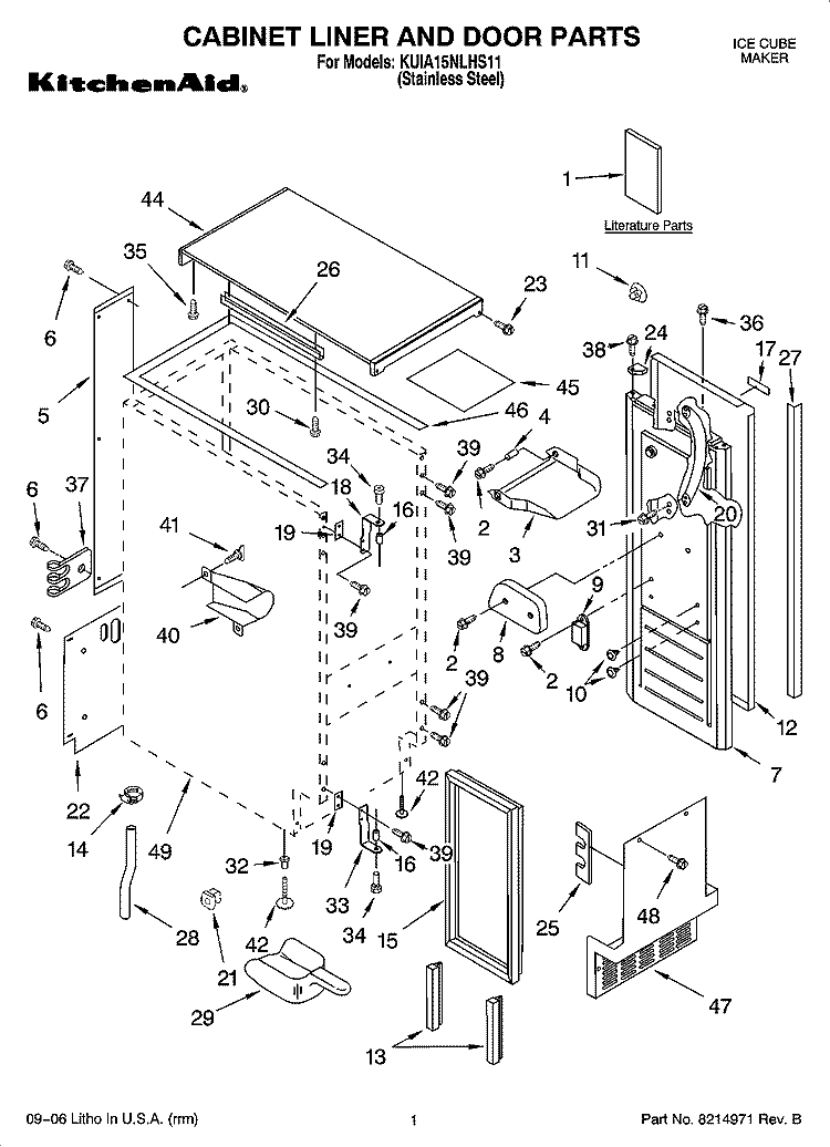CABINET LINER AND DOOR PARTS Diagram and Parts List for KUIA15NLHS11  KitchenAid Ice Maker