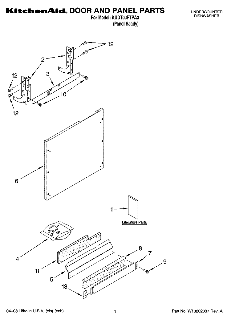DOOR AND PANEL PARTS Diagram and Parts List for KUDT03FTPA3  KitchenAid Dishwasher