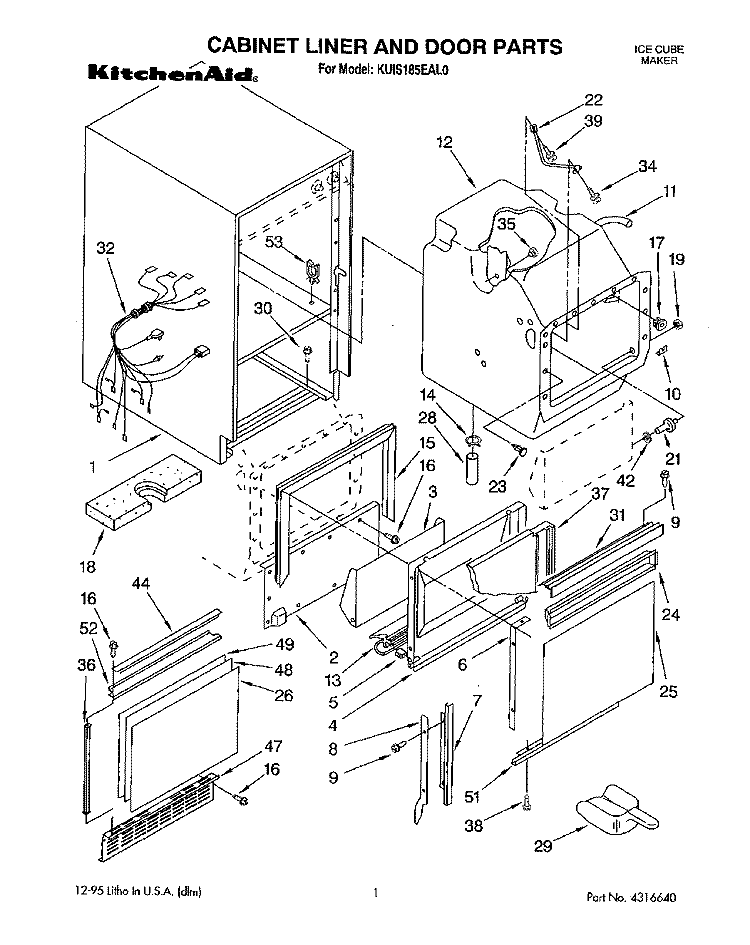 CABINET LINER AND DOOR, LIT/OPTIONAL Diagram and Parts List for KUIS185EAL0  KitchenAid Ice Maker