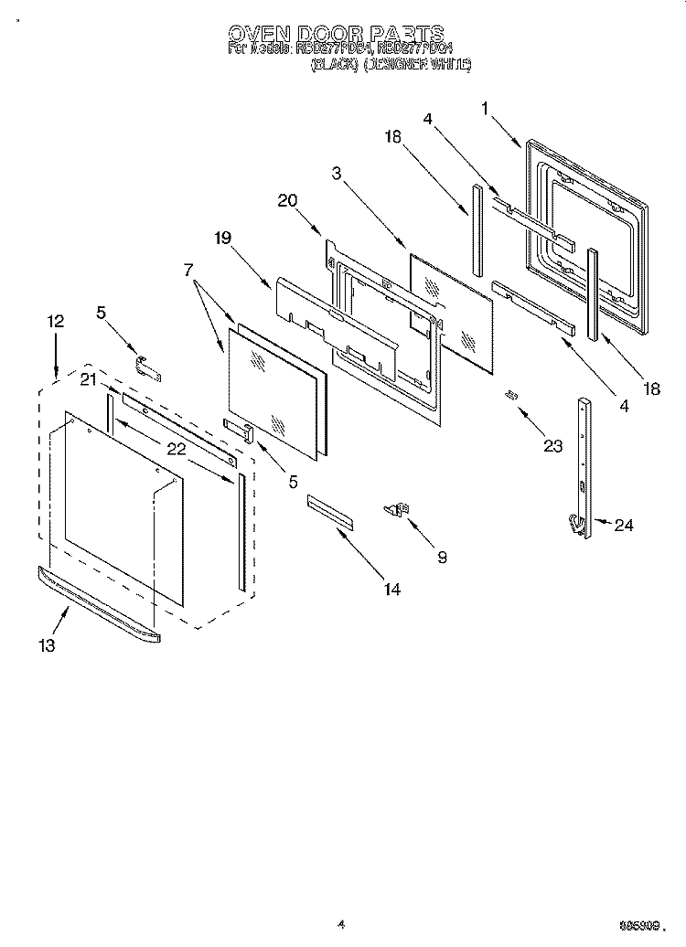 OVEN DOOR Diagram and Parts List for RBD277PDQ4  Whirlpool Wall Oven