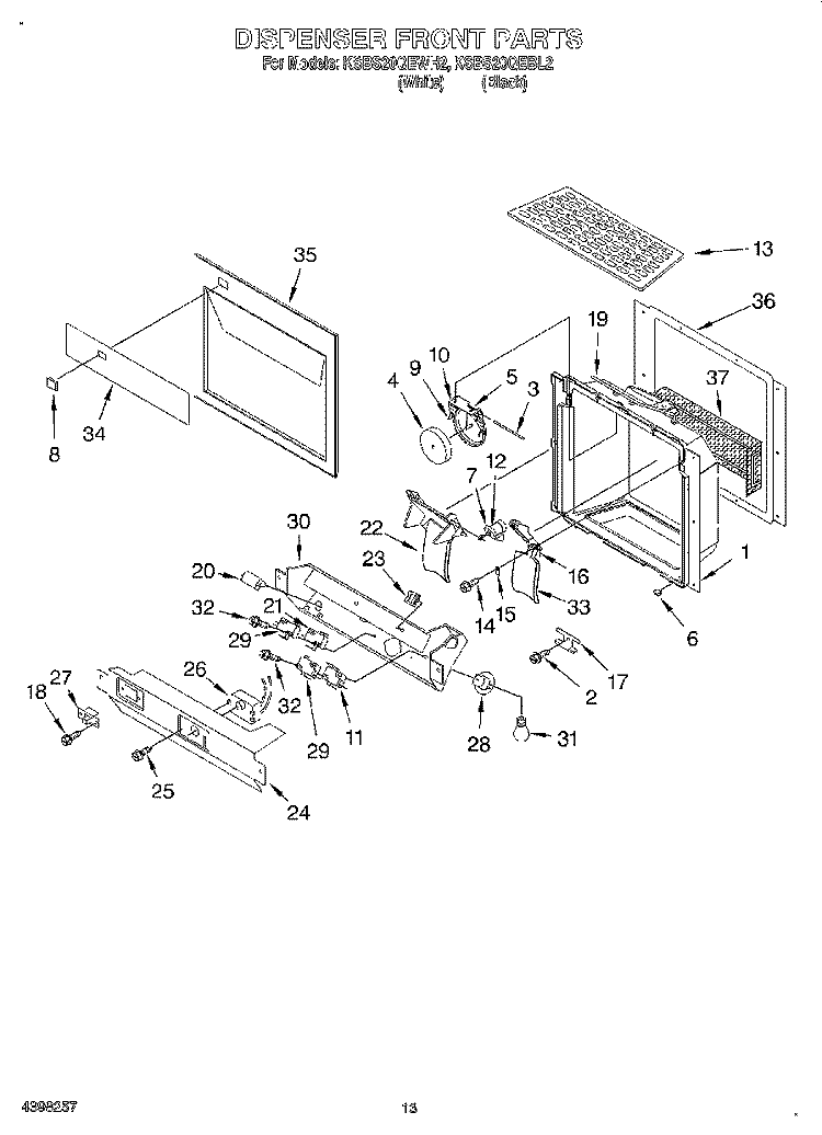 DISPENSER FRONT Diagram and Parts List for KSBS20QEWH2  KitchenAid Refrigerator
