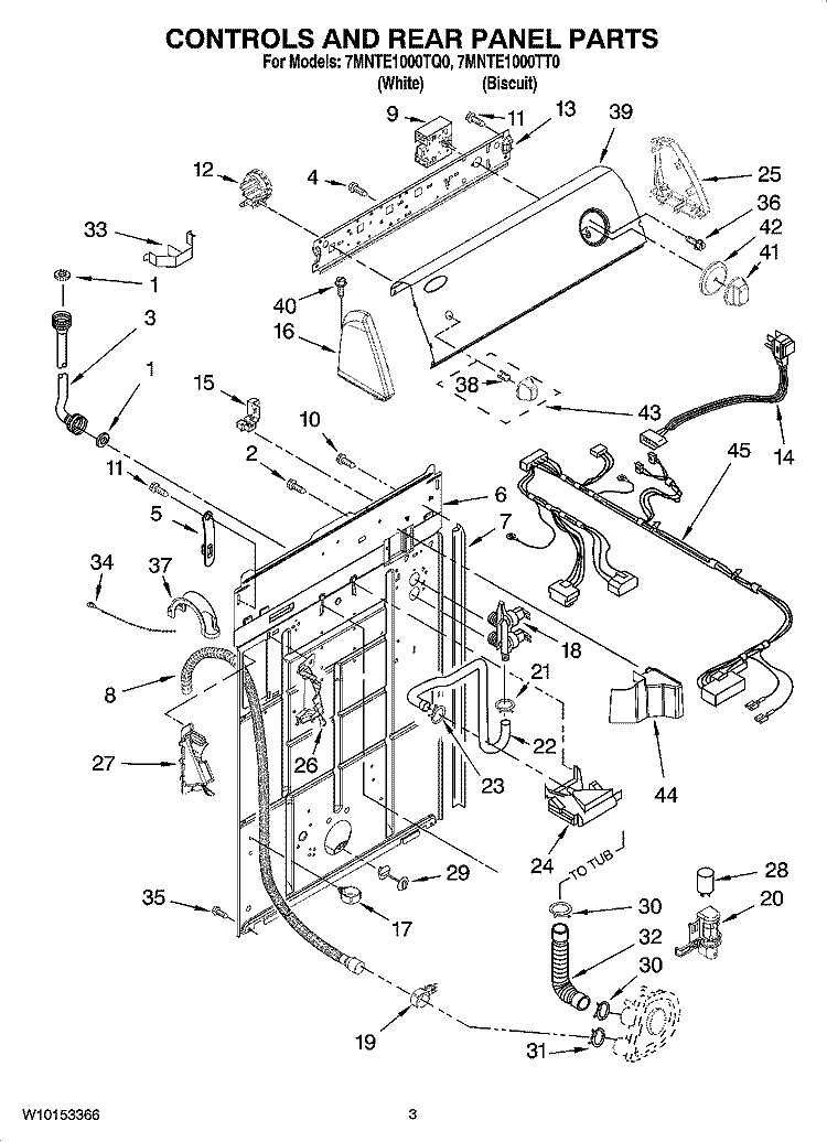 CONTROLS AND REAR PANEL PARTS Diagram and Parts List for 7MNTE1000TQ0  Whirlpool Washer