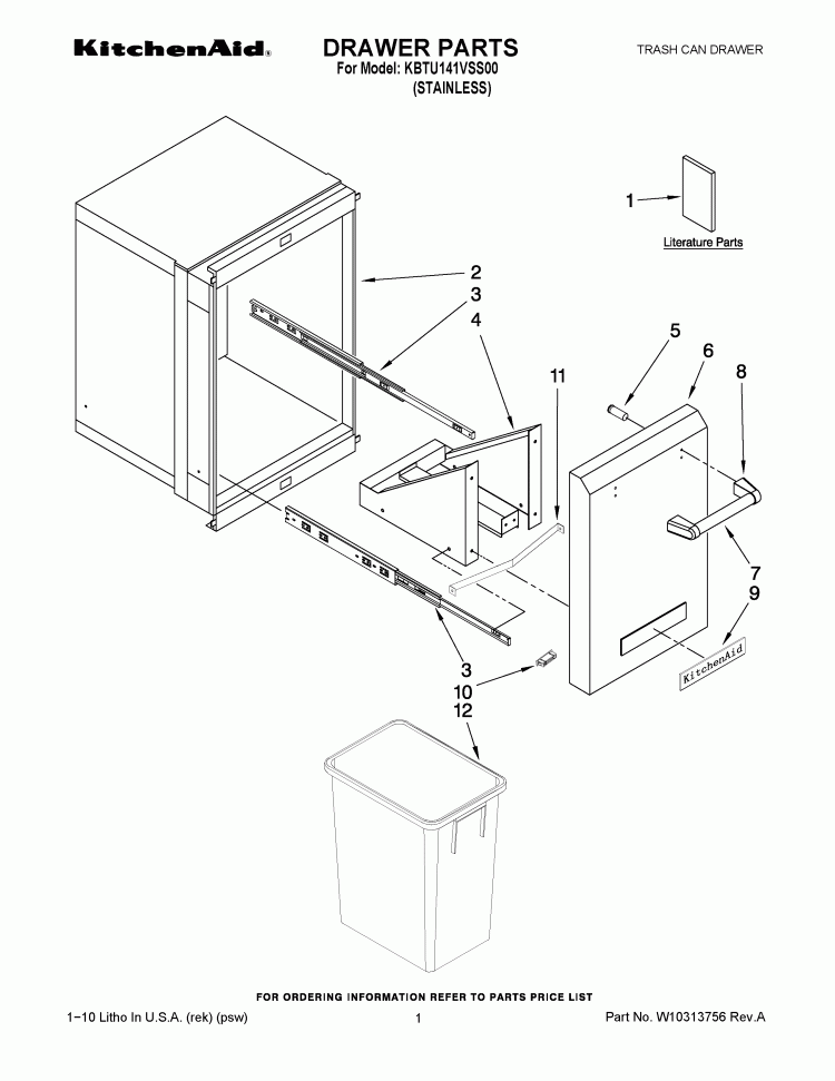 DRAWER PARTS Diagram and Parts List for KBTU141VSS00  KitchenAid Grill
