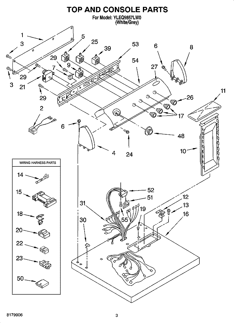 TOP AND CONSOLE PARTS Diagram and Parts List for YLEQ9857LW0  Whirlpool Dryer